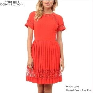 French Connection Women's Dress Arrow Lace Pleated in 60 Riot Red size 6 NWT